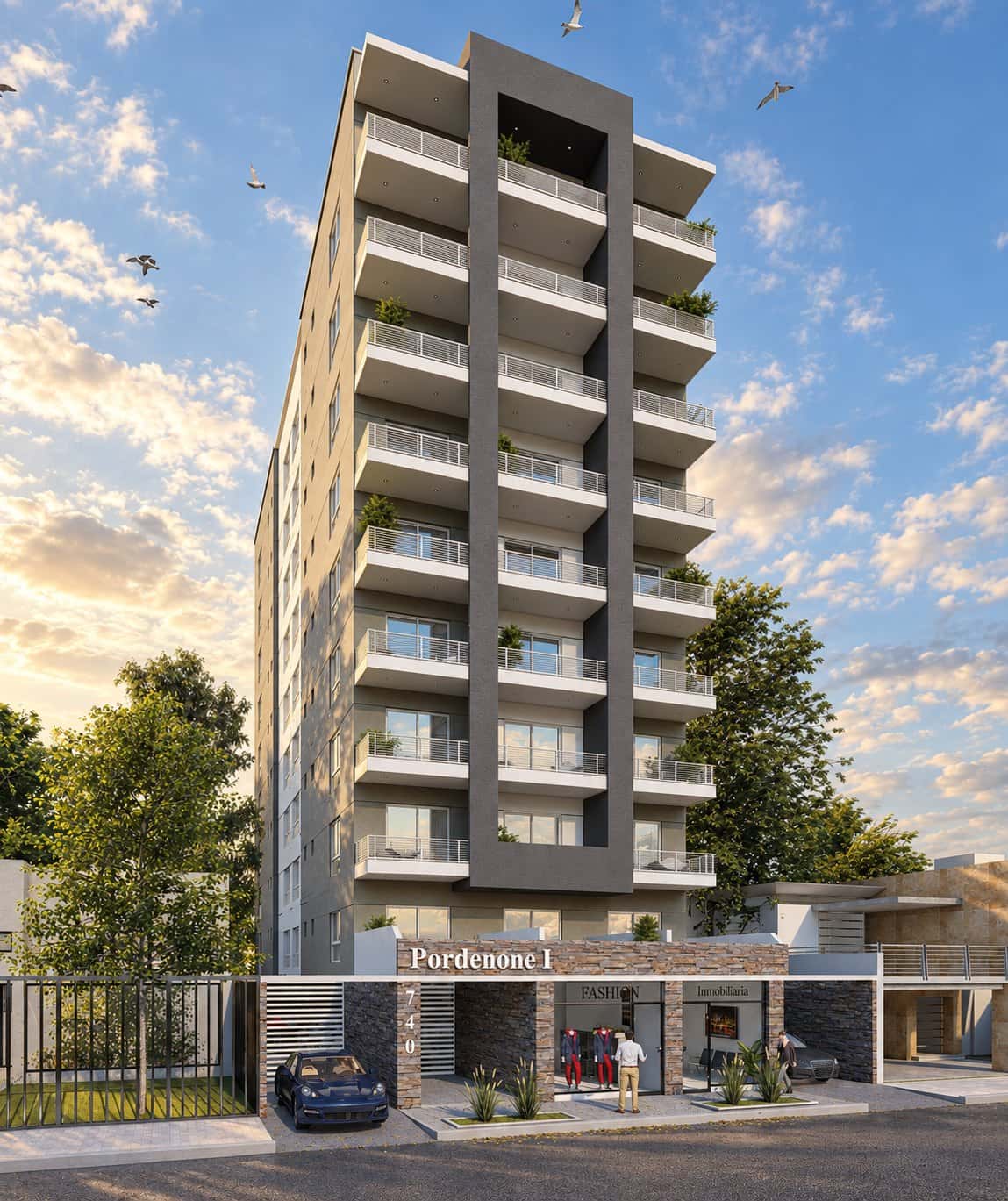 Render vertical de la fachada de Pordenone I al atardecer